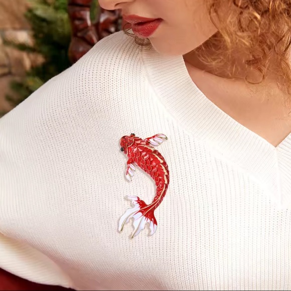 Koi Fish Maroon Red Gold Enamel Brooch – Symbol of Luck & Prosperity - Picture 8 of 8